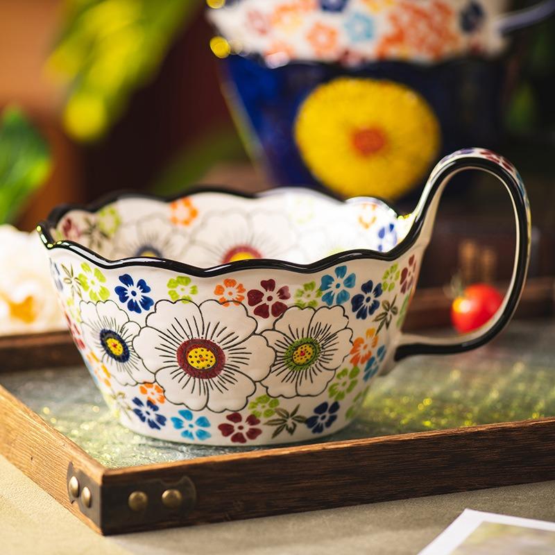 Hand-painted handle bowl Ceramic tableware bowl Household new retro soup bowl Instant noodle bowl Large bowl Salad bowl
