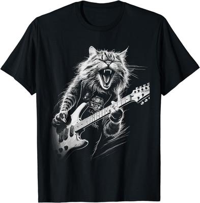 Maglietta Gatto Rock che Suona la Chitarra Divertente Gatto Chitarrista Vintage T-Shirt Uomo Donna Bambino NUOVO
