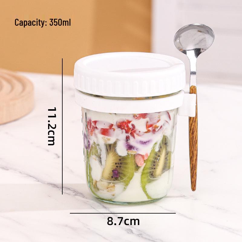 

Portable Overnight Oats Yogurt Cup with Lid & Spoon - Stylish Glass Breakfast Container 350ml