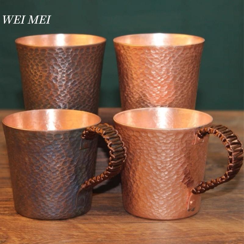 Vintage Copper Breakfast Coffee Mug,Multiple Sizes Handcrafted Hammer Texture Camping Water Mule Tea Cup,Woven Handle Tableware