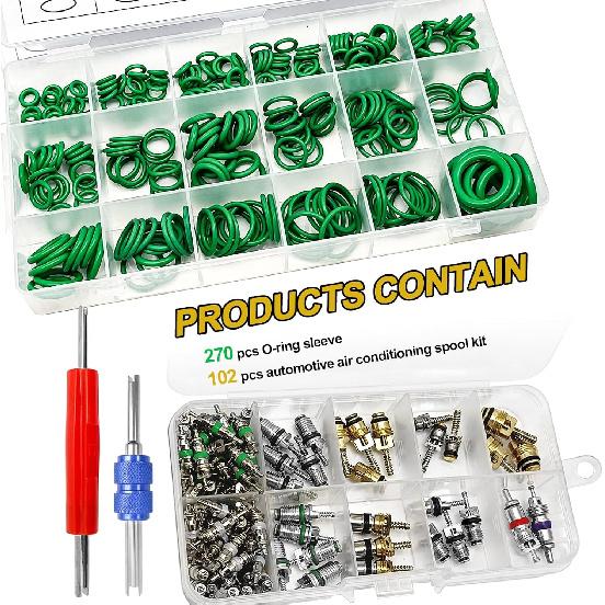 Car A/C Repair Kit, 270PCS O-Ring Set + 102PCS Car Air Conditioner Valve Core Kit With Double Head Tall Tool, A/C R12 R134A Refrigeration Tire Valve