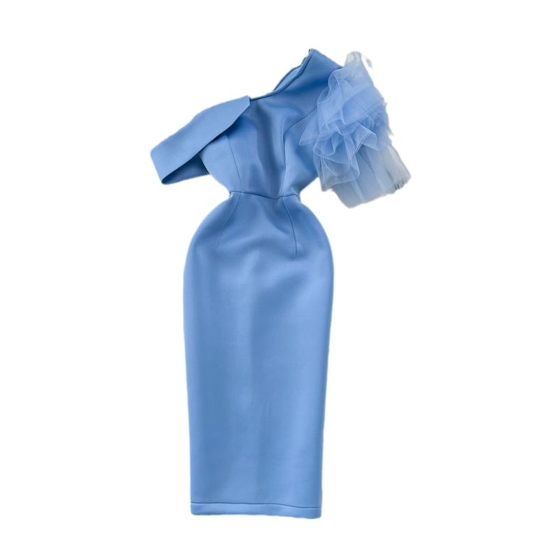 Accessible Luxury One-Side Ruffle Sleeve Sloping Shoulder Dress Dress
