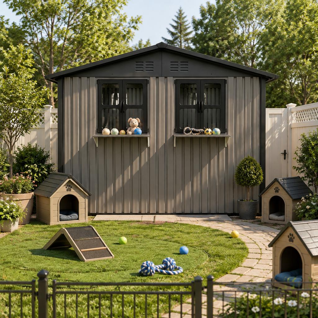 Galvanized Steel Garden House 254.2x170.2cm (4.33 m²), Brown, with Two Openable Double Windows, Lockable Double Doors and Decorative Flower Rack
