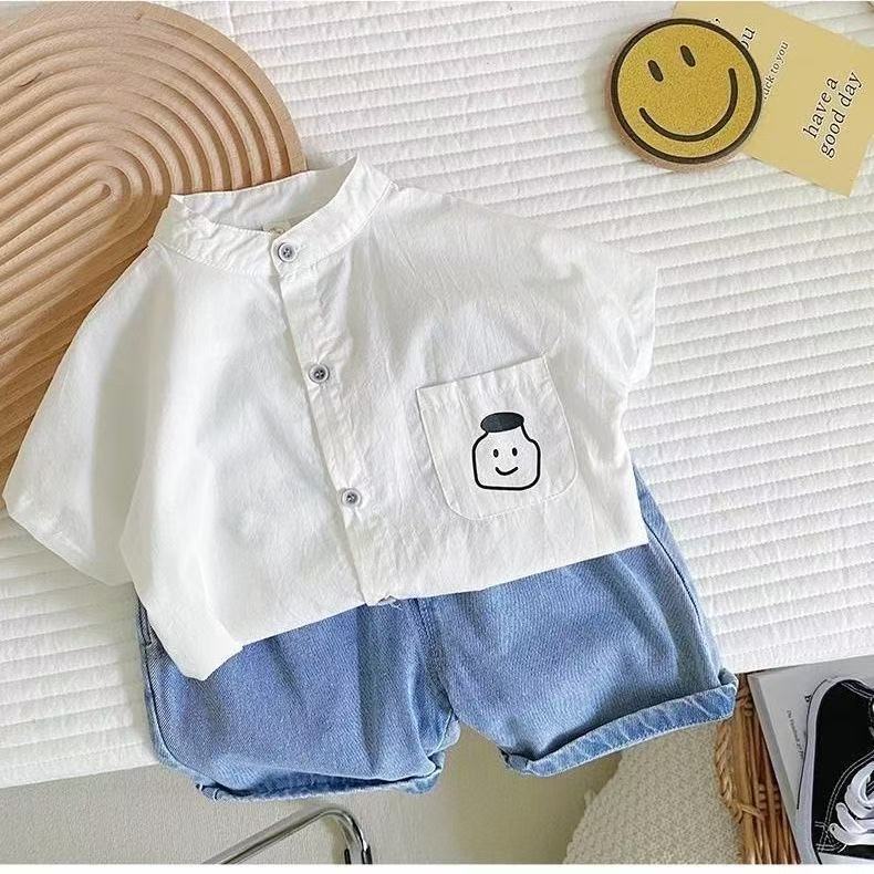 Boys Summer Cotton Linen Short Sleeve Shirt Baby Thin Printed Casual Top 90