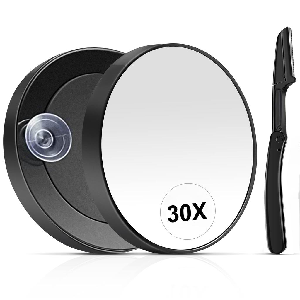 30X Magnifying Mirror, Small Magnifying Mirror with Suction Cup and Tweezer,Eyebrow Brush, Eyebrow Razor,As a Travel Magnifying
