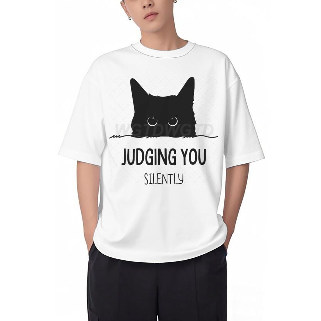 Judging You Silently Print T Shirt Men Women Sarcastic Humor Streetwear Short Sleeve Harajuku Cat Tee Male 100 Cotton Fun Shirt