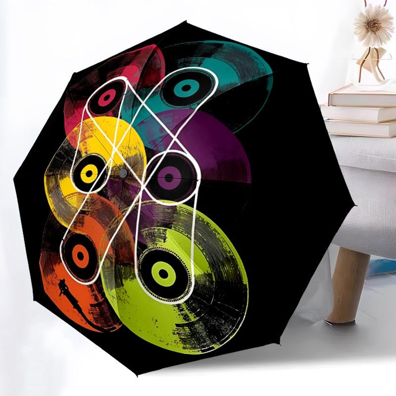1pc Vinyl Music Automatic Folding Umbrella - Compact 8-Rib Design, Durable Plastic & Iron, Lightweight for Outdoor Daily Use222