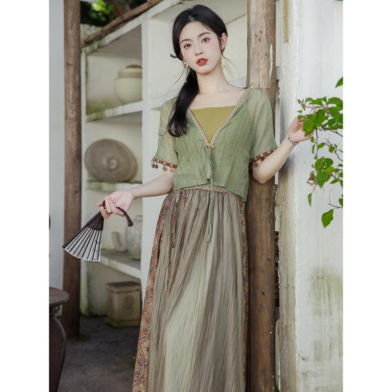 Chinesisches Sommer-Hanfu-Kleid für Damen: 3-teiliges Zen-Tee-Set