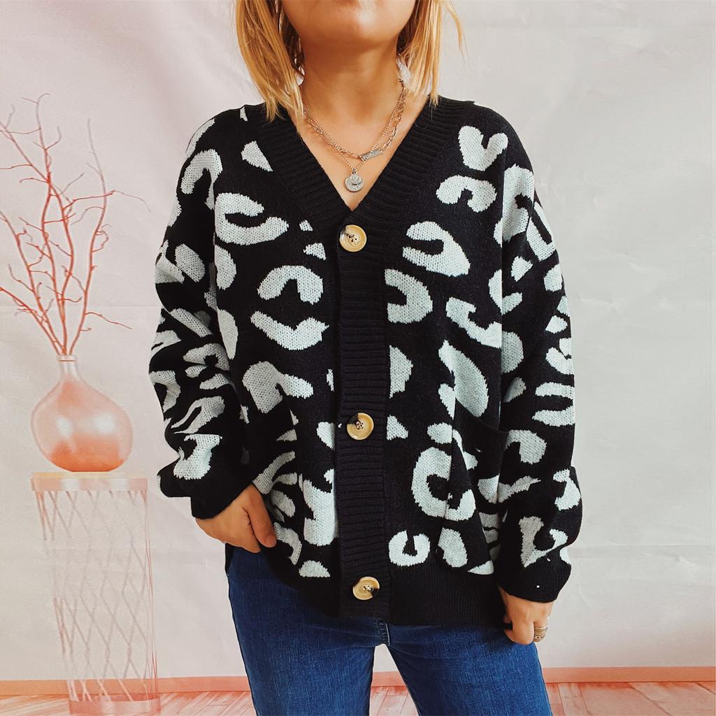 Autumn and Winter New Loose Casual Leopard Print Single Breasted Long Sleeved V-neck Knitted Sweater Jacket 3539 KTB