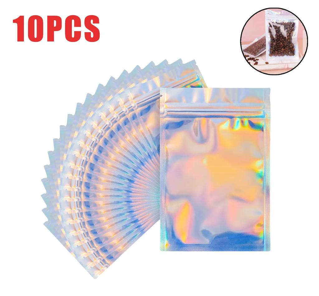 Resealable Holographic Rainbow Mylar Bags Smell Proof Ziplock Pouches for Food Storage and Party Favor Packaging