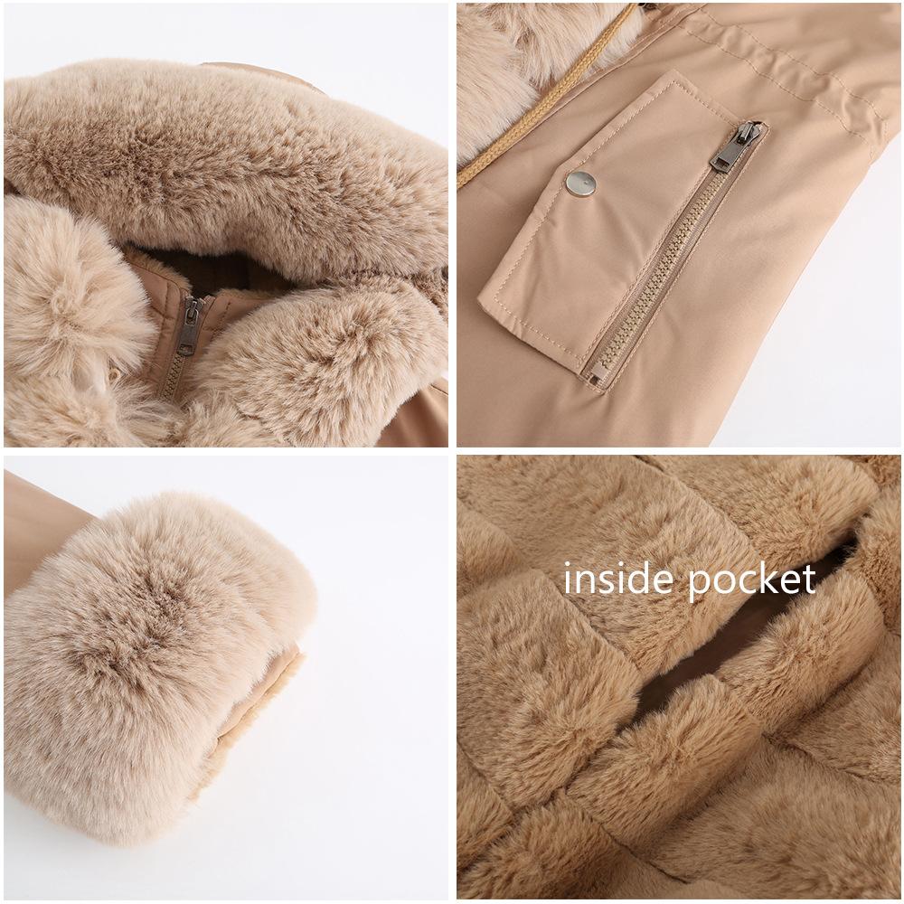 Winter Cotton Jacket for Women Detachable Fur Collar Mid Length Long Sleeved Style Overcoming Solid Color Hooded Warm Cotton Suit