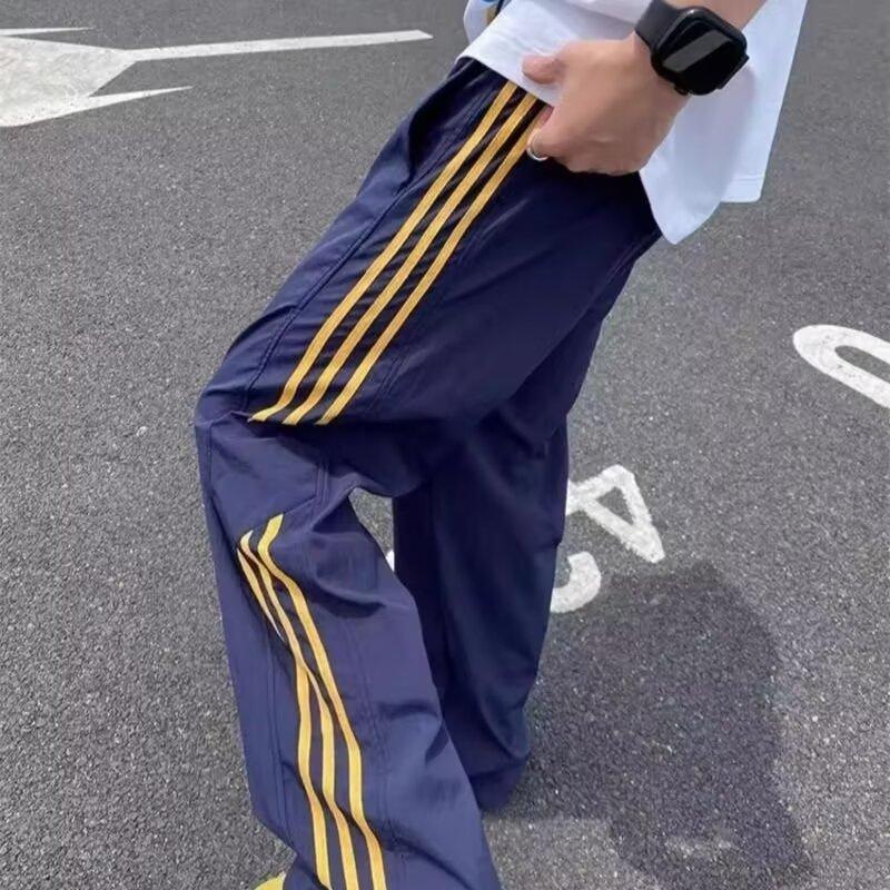 Retro styl pánské kalhoty americké třípruhé pruhované rovné sportovní kalhoty volné rovné široké nohavice ležérní kalhoty