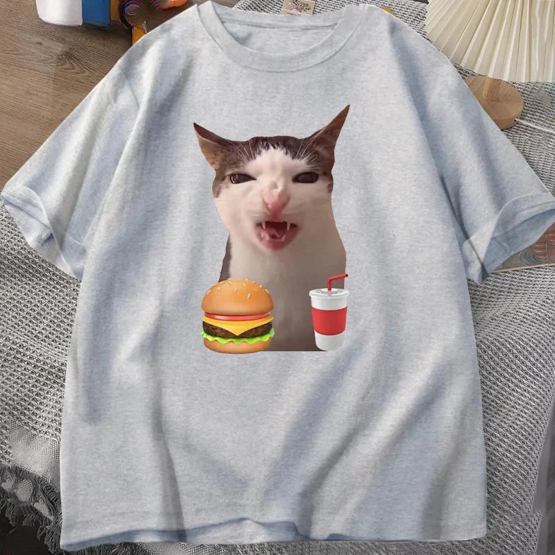 Cat Crunching Food Meme T-shirt Women Silly T Shirts Funny Cat Eating T-Shirt Short Sleeve Graphic Tees Streetwear Fashion Y2K
