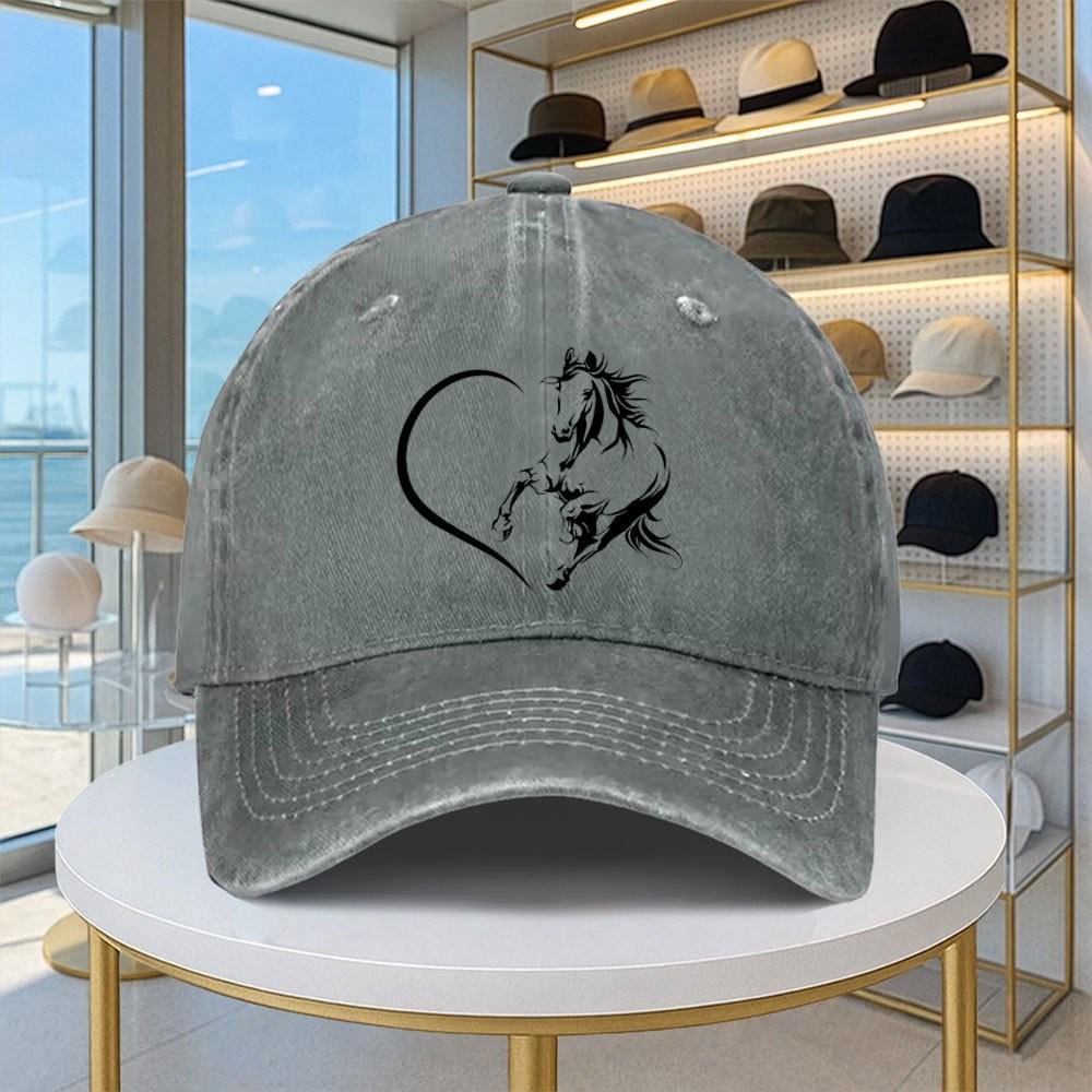 Horse Heart Design Washed Baseball Cap Adjustable Cotton Sun Hat Casual Unisex Cap