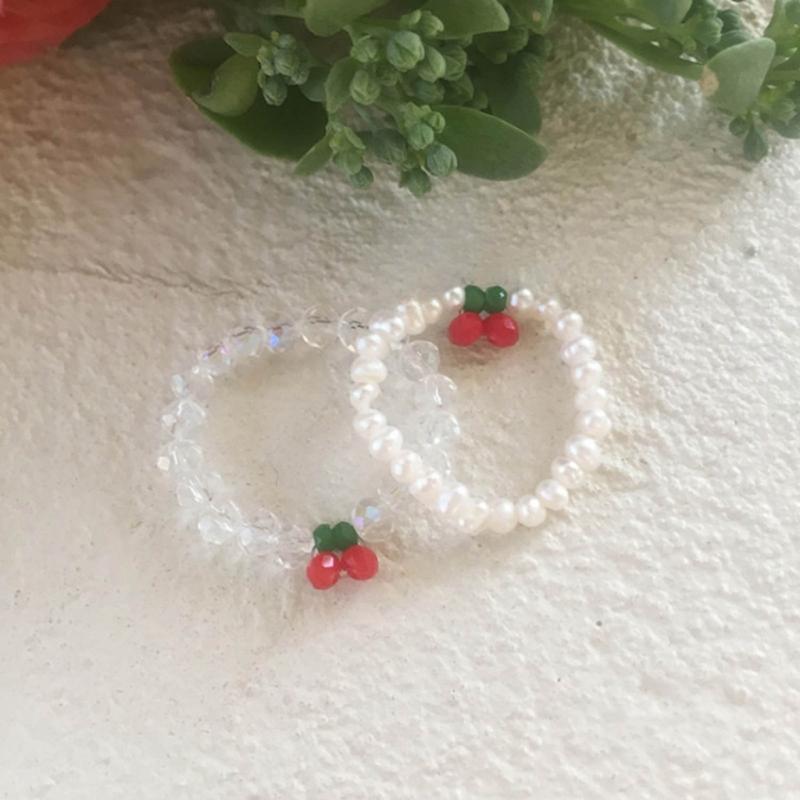 Red Cherry Rings Adjustable Size Beads String Rings Lightweight Elastic Rope Finger Rings Daily Wear Cherry Beaded Rings