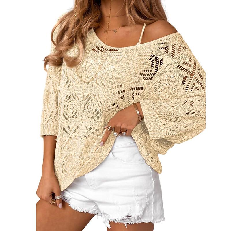 New Sexy V Neck Hollow Out Knitted Sweater Spring Solid Half Sleeve Cape Top Pullover Autumn Fashion Cover Up Women Beach Top
