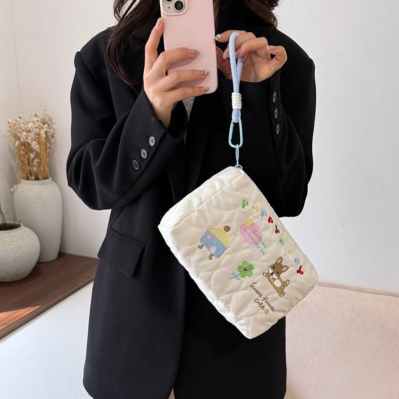 Ins Embroidery String Makeup Bag New Cute Cartoon Dot Flower Student Stationery Pencil Pouch Large Capacity Makeup Storage Bag