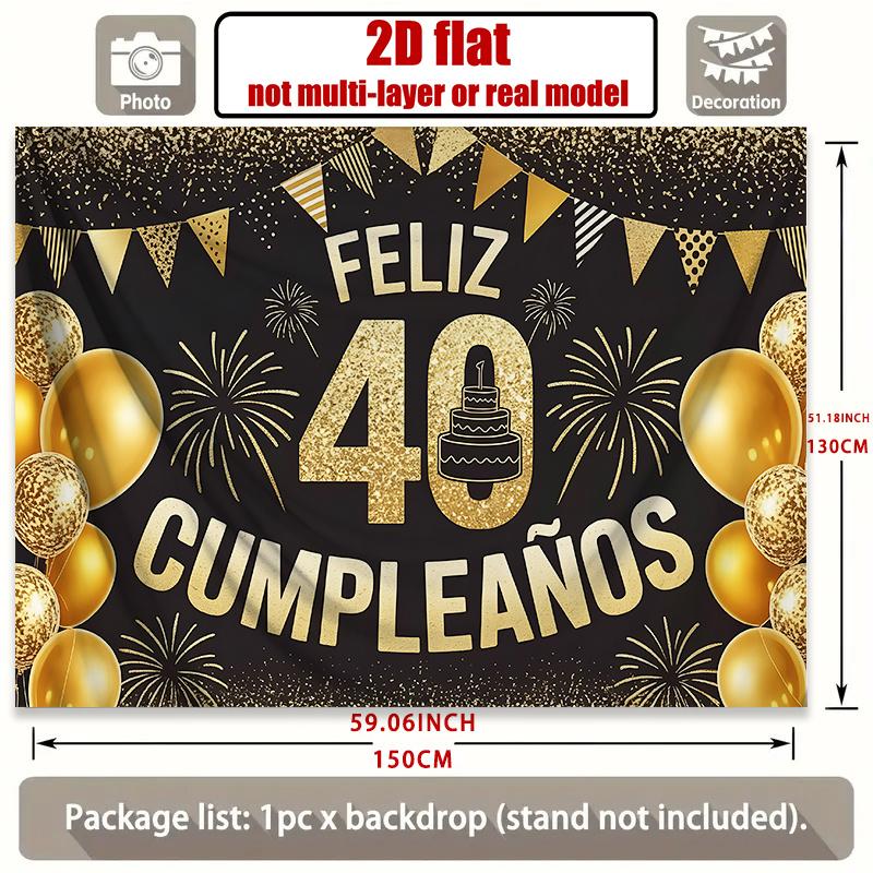 Happy 40th Birthday, 1pc Polyester Party Backdrop Banner, Photo Booth Background, Wall Decor
