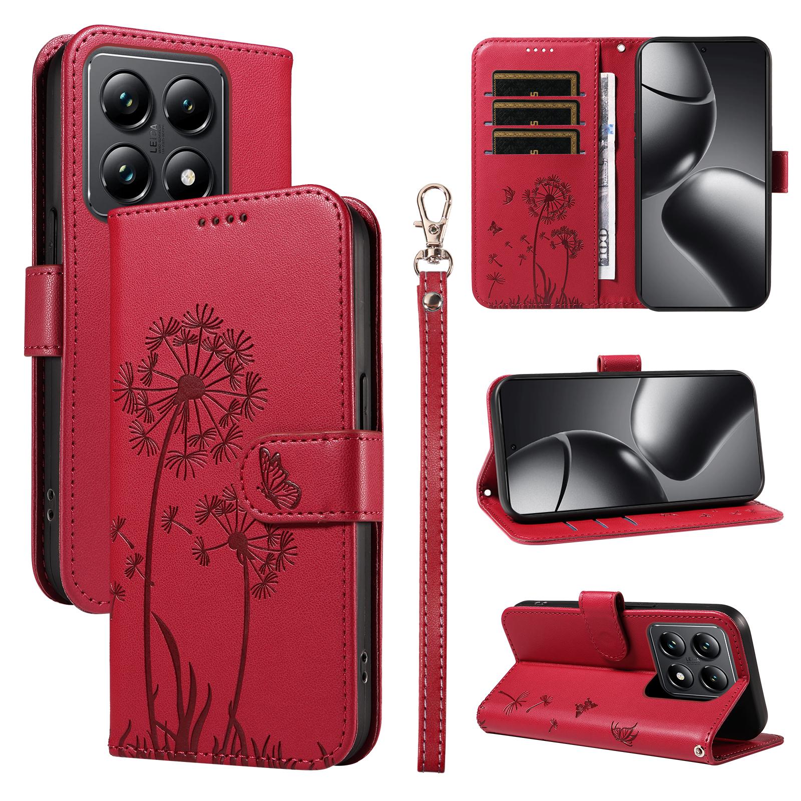 

For Xiaomi 14T Leather Case Wallet Phone Cover Dandelion Imprint Red