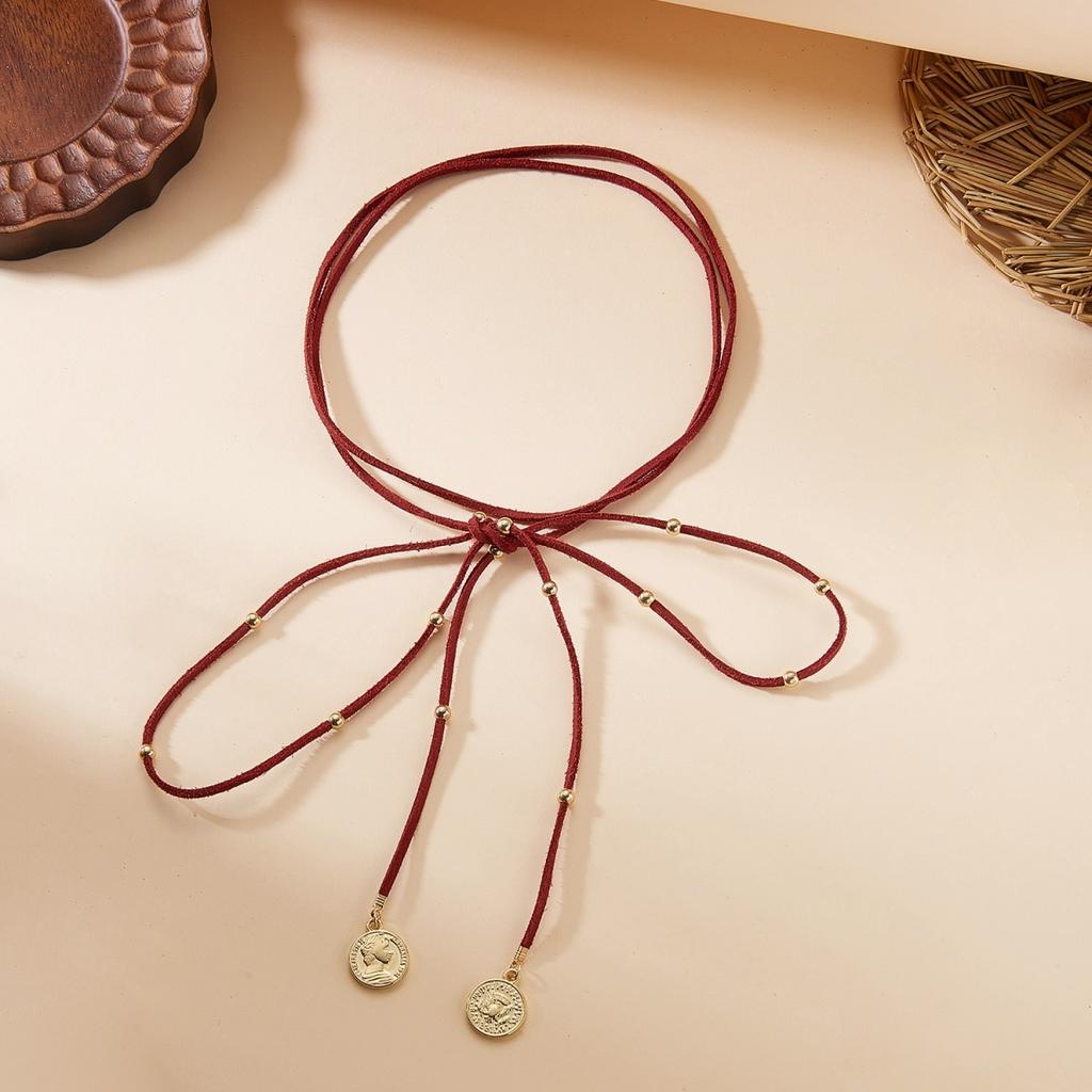 Vintage Red Velvet Leather Rope Bowknot Round Coins Pendant Multilayer Necklace For Women Men Elegant CCB Beads Choker Zircon