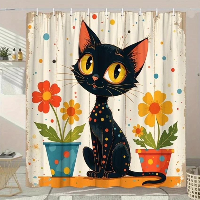 Cute Black Cat with Colorful Flowers Waterproof Shower Curtain - Modern Design for Bathroom Decor, Vibrant and Fun