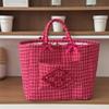 Vermilion Plaid Storage Basket with Stone Handles, Ins Style Portable Organizer for Bathroom Laundry & Sundries