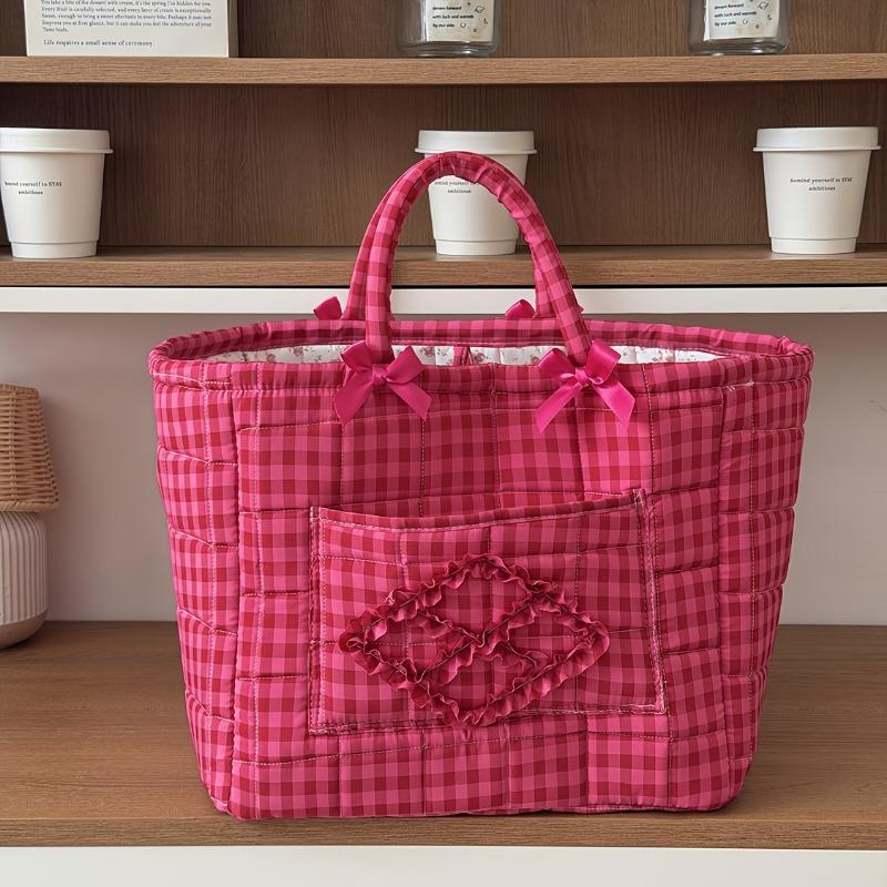 Vermilion Plaid Storage Basket with Stone Handles, Ins Style Portable Organizer for Bathroom Laundry & Sundries