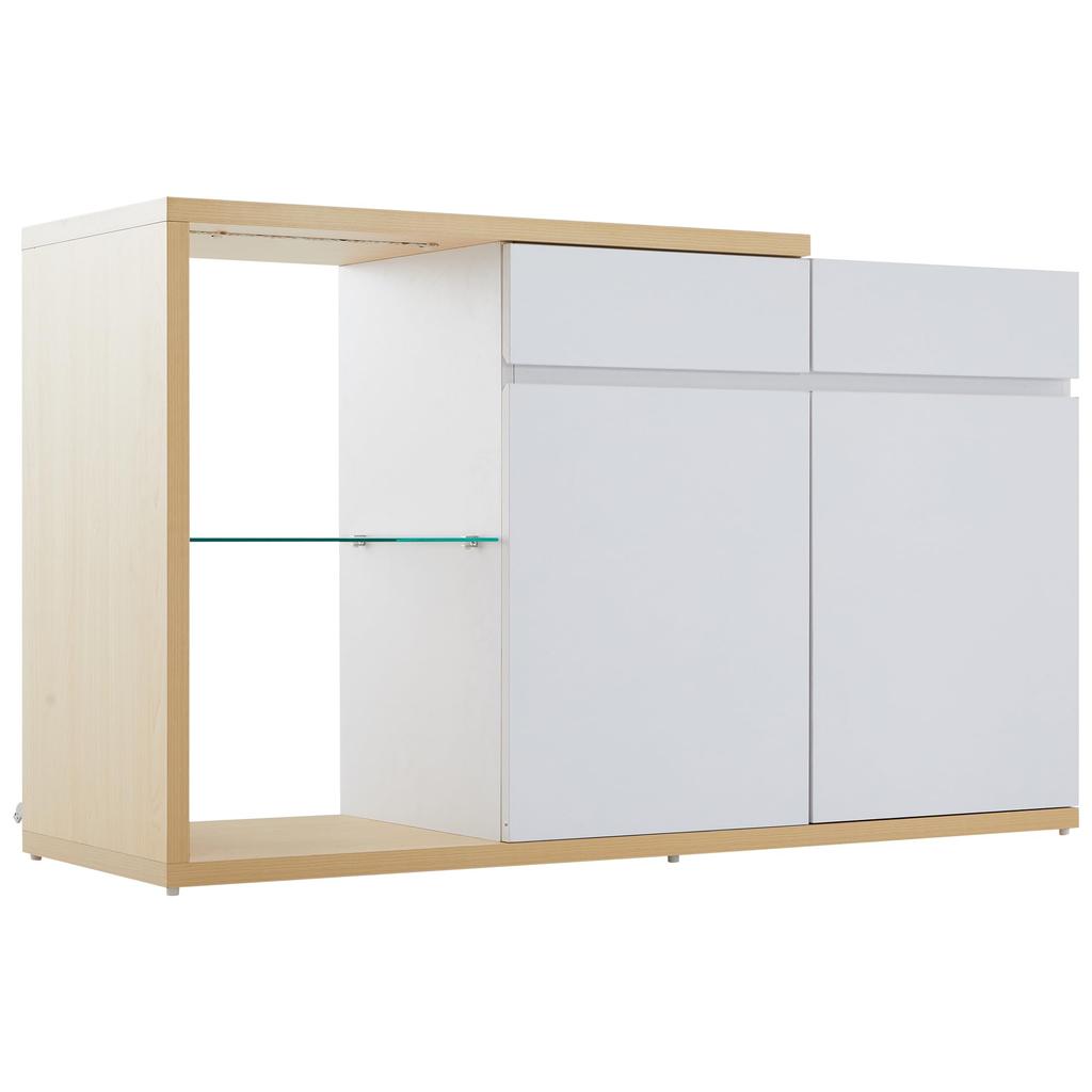 Sideboard Chest of Drawers LED 2 Doors & 2 Drawers & Glass Shelf, Buffet Highboard Ample Storage, Buffets Dining Room Living Room, White & Oak