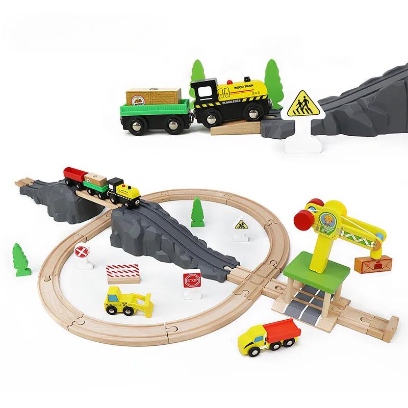 Children's Wooden Track Set Magnetic Small Train Assembly Combination Suspension Bridge Wooden Boy and Girl Toy Gift