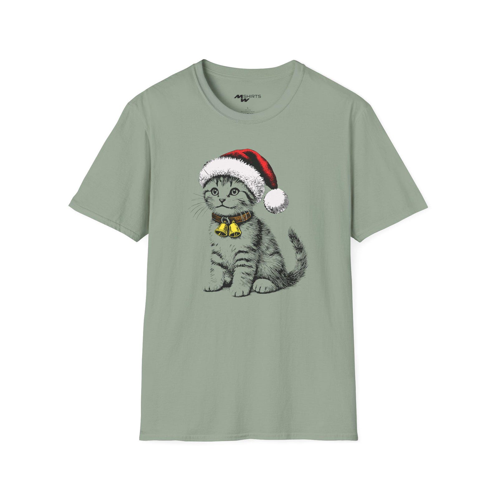 Christmas Kitten in Festive Dress/ Engraving-Style T-Shirt/ Unisex Softstyle T-Shirt M