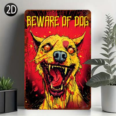 Vintage Beware of Dog Metal Wall Art Sign   Humorous HorrorThemed Decor with Yellow Dog  Red Splatter Design Perfect for