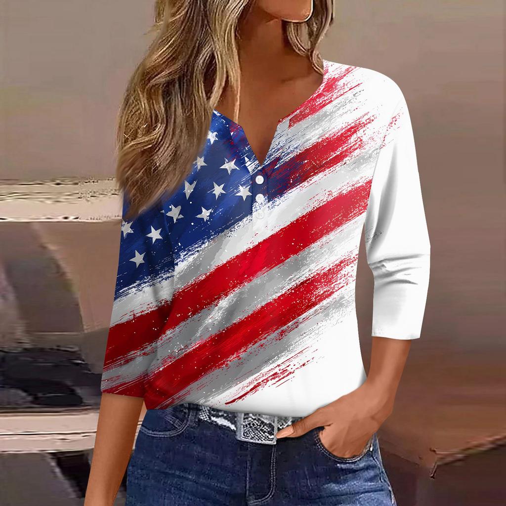 Women's T Shirt Independence Day Print Button 3/4 Sleeve Daily Weekend Fashion Basic V- Neck Regular Top