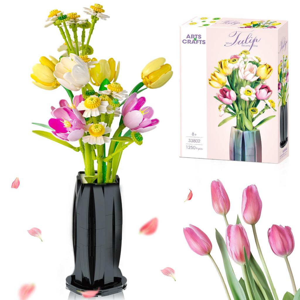 Non-Toxic 1250Pcs Tulip Bouquet Building Blocks Flower Eternal Flower Vase Model Bricks Home Decoration Kids Diy Toys Children Romantic Gifts