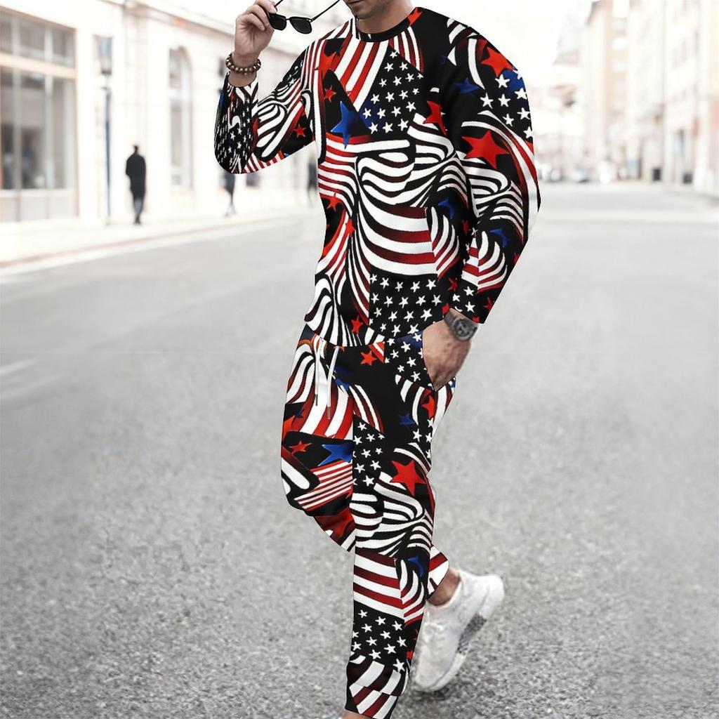 Men Distressed American Flag Star Stripe Print Long Sleeve Sweatshirt And Drawstring Jogger Pants Two Piece Outfit