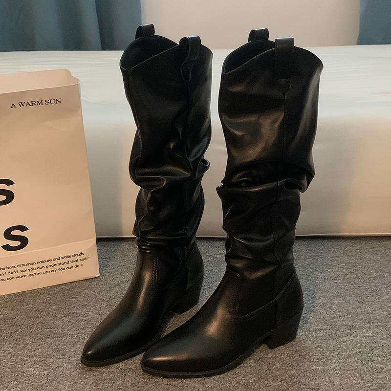 Winter Pointed Toe Women Knee High Boots Thick Heels Stripper Mordern Long Booties Shoes Zapatos De Mujer