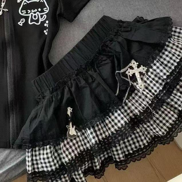 Harajuku Y2K Lace Sexy Cake Dark Punk Fluffy Versatile Skirt Subculture Splicing Plaid Skirt Girl (without Accessories)