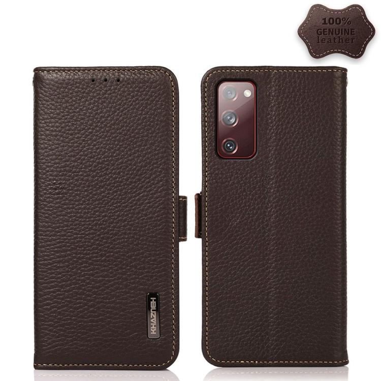 Für Samsung Galaxy S20 FE KHAZNEH Seitlich magnetische Litschi Echtleder RFID-Handyhülle