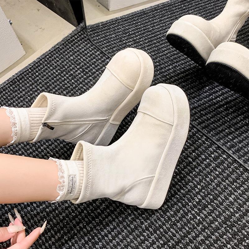 Sheepskin version! Niche design sense white thin boots small thick-soled short boots fashion casual round head elastic boots