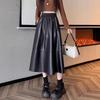 Women's Black PU Leather Midi Skirt - Spring/Autumn High Waist Pleated A-line with Hip-covering Slimming Design
