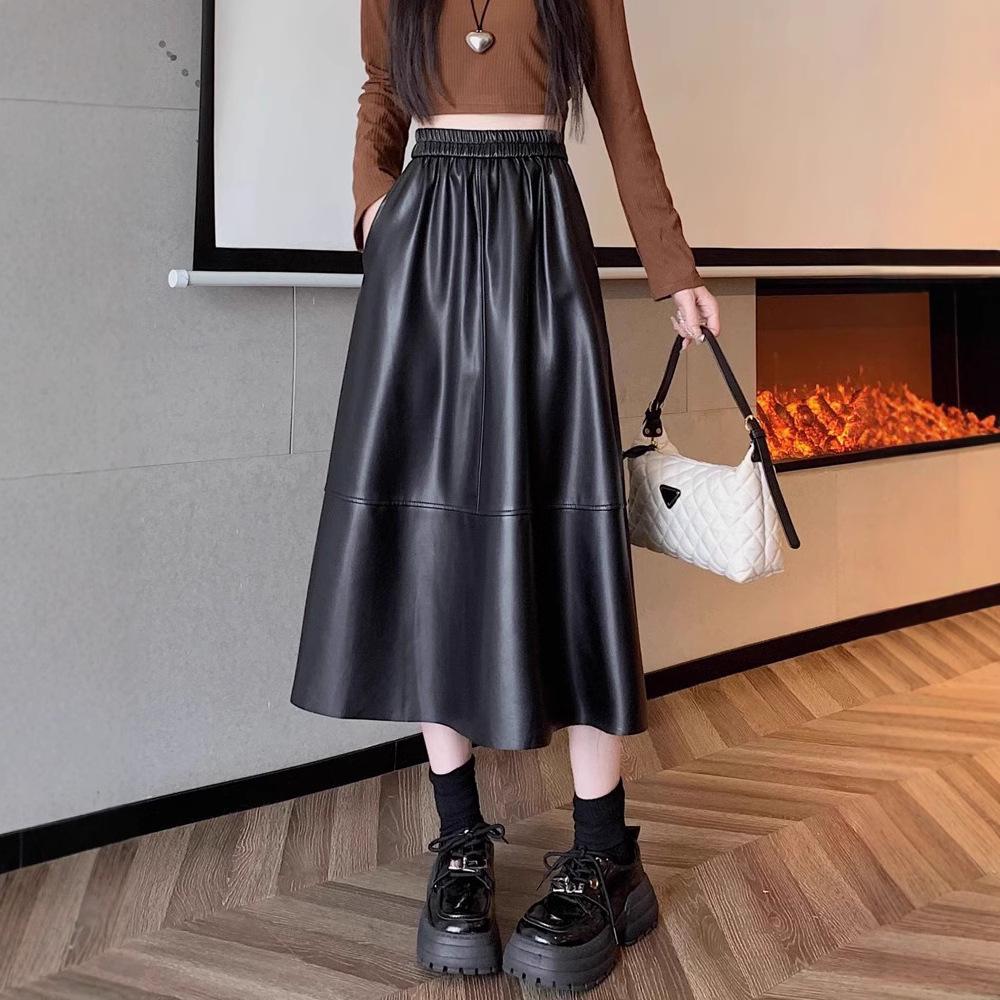 Women's Black PU Leather Midi Skirt - Spring/Autumn High Waist Pleated A-line with Hip-covering Slimming Design
