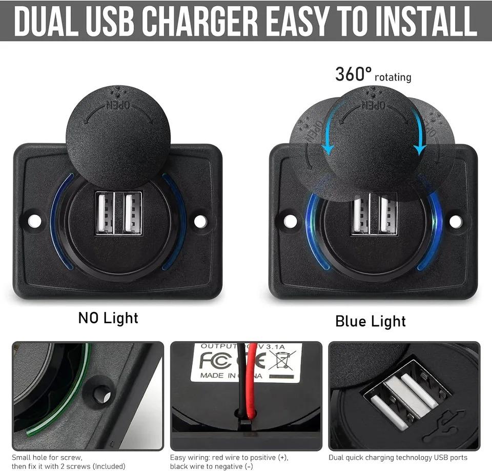 Dual USB 3.0 Car Charger Socket with Blue Indicator Light and Cap 12/24V Power Outlet for Car Boat Vehicle Bus RV ATV Phone Charger Adapter Panel