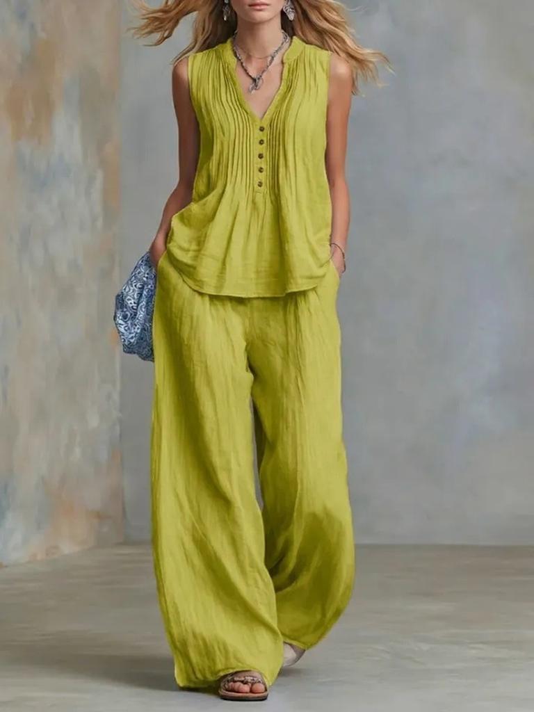 Women's Fashion Casual Solid V-Neck Ruched Loose Sleeveless Casual Wide Leg Pants Two Piece Set