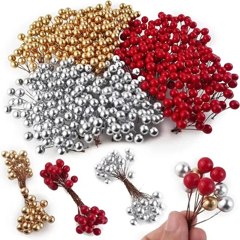 Artificial Holly Berries Mini Fake Berries Decor on Wire for Christmas Tree Decorations Flower Wreath DIY Craft Use