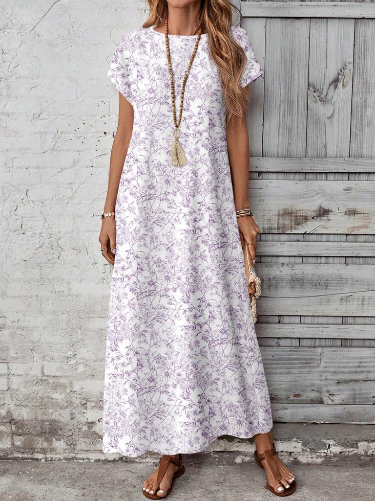 Casual Versatile Patterned Summer Dress For Women,Casual Women's Dresses Short Sleeve Modest Bohemian Maxi Floral Print