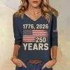 Womens V Neck 3/4 Sleeve Top with Printed States Flag and 250 Years Letter Design Casual Fit