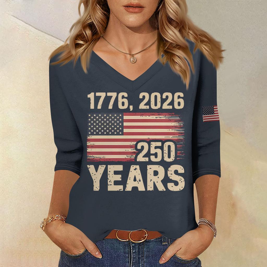 Womens V Neck 3/4 Sleeve Top with Printed States Flag and 250 Years Letter Design Casual Fit