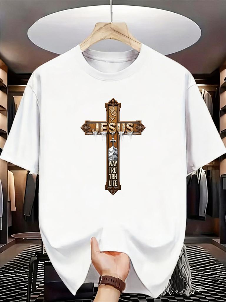 Unisex Summer Cotton Short Sleeve T Shirt Vintage Jesus Cross Mountain Way Truth Life Print Crew Neck Religious Street Male Tee