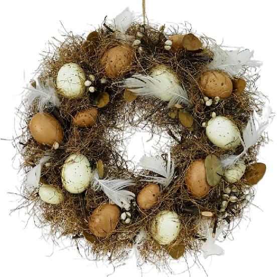 DearSun 11.2" Spring Wreath Easter Wreath with Flowers, Eggs, Green Leaves and Twine, Hanging on Home Indoor Outdoor Front Door Wall