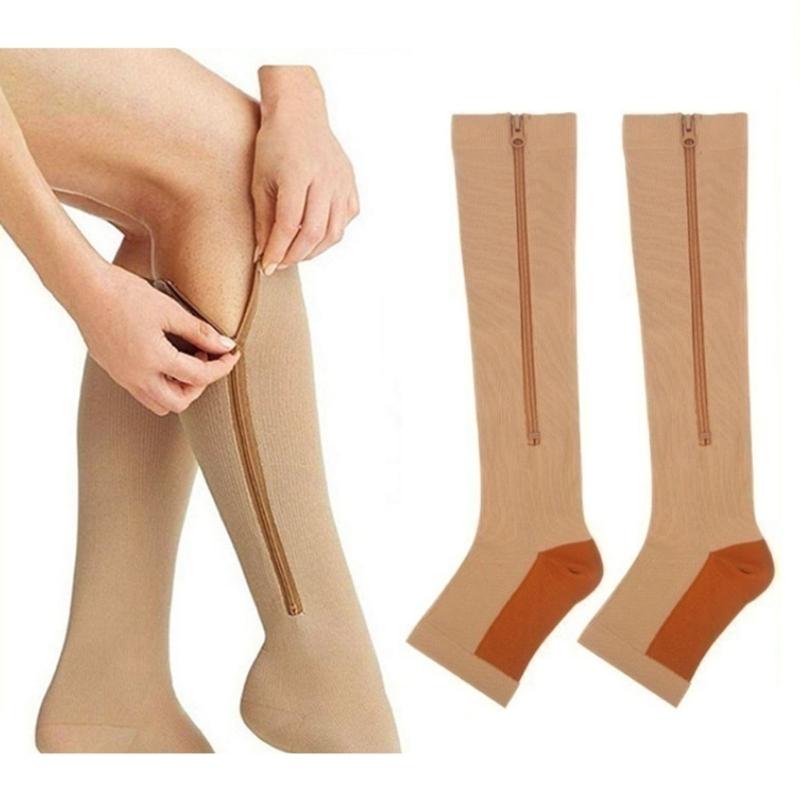 Zipper Compression Socks for Women and Men Over the Calf Knee High 15-20mmHg Open Toe Compression Stockings for Walking