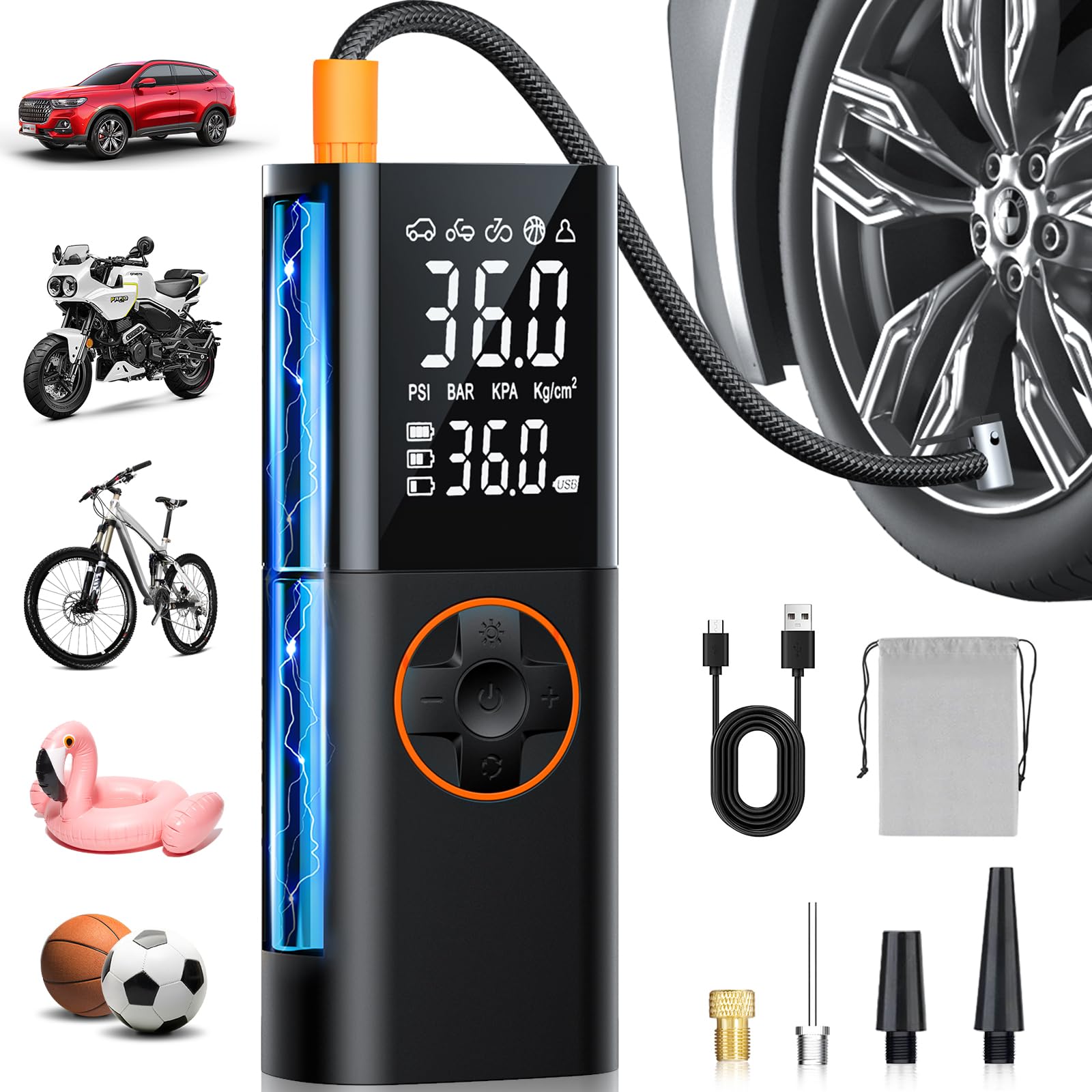 

Электрический воздушный насос Большой Совместимый с электрическим и аккумуляторным и Большой ЖК-дисплей Регулируемый 5 Максимальное давление 150 Авто Совместимый с Presta и Schrader